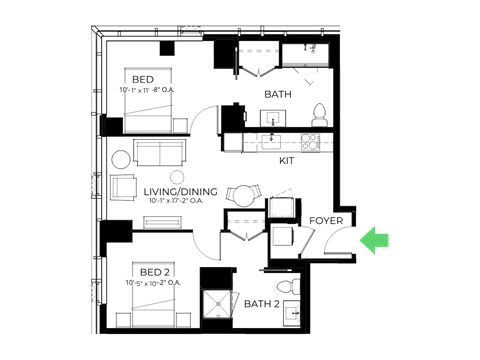 Floor plan for 2 beds, 1 bath, 838 sqft